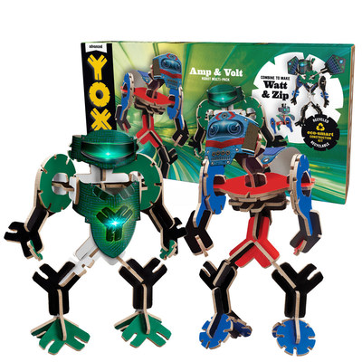 Amp and Volt can also combine to form the massive Watt and small data drive Zip. Price: $19.99. The box is part of the toy! The robox's face, armor, and hands are printed on the inside of the box sleeve so there's no waste. Make sure to also cut out the Robox trading card for each character, with their story and a recipe for each build.