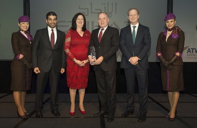Etihad Airways management are pictured after being presented with the coveted Airline of the Year 2016 award by Air Transport World (ATW) in Singapore this evening. Flanked by the airline's cabin crew are, from left, Hareb Al Muhairy,‎ Senior Vice President Corporate and International Affairs; Karen Walker, ATW Editor-in-Chief; James Hogan, President and Chief Executive Officer; and James Rigney, Chief Financial Officer.