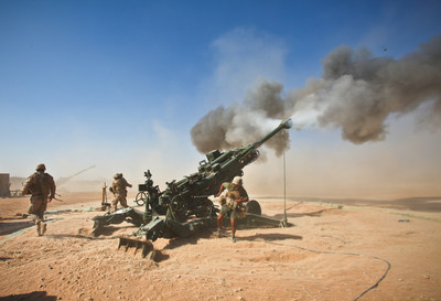 U.S. Marines fire an M982 Excalibur round from an M777 155 mm howitzer during a fire support mission at Fire Base Fiddlers Green, Helmand province, Afghanistan, Oct. 1, 2011. (Photo: U.S. Department of Defense)