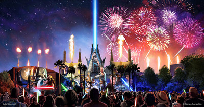 Starting in summer 2016, a new Star Wars fireworks show, "Star Wars: A Galactic Spectacular," will debut to guests at Disney's Hollywood Studios. The nightly show will combine fireworks, pyrotechnics, special effects and video projections that will turn the nearby buildings into the twin suns of Tatooine, a field of battle droids, the trench of the Death Star, Starkiller Base and other Star Wars destinations. The show also will feature a tower of fire and spotlight beams, creating massive lightsabers in the sky. (Disney/Lucasfilm)
