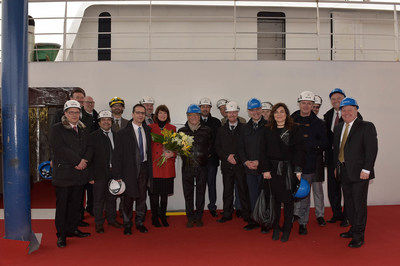 Executives from Seabourn, Holland America Group, Carnival Corporation and Fincantieri celebrate a construction milestone for Seabourn Encore with the traditional, time-honored coin ceremony at the Fincantieri shipyard in Marghera, Italy. They include Richard Meadows, president of Seabourn (first in back row); Marnie Tihany, the madrina of Seabourn Encore and director of business development of Tihany Design (front row, fourth from left); Adam Tihany, designer for Seabourn Encore...