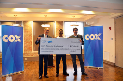 L to R: Dave Bialis, Senior Vice President and Interim Region Manager for Cox Communications' Southeast Region; Michael Jones, Reconcile Student; Stewart Young, Reconcile Executive Director