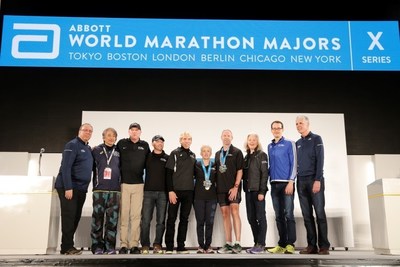 David Mark of Chicago, Illinois, and Barbara Fleming-Ovens of Cranfield, Ireland, are pictured (left to right) with Nick Bitel, Chief Executive, London Marathon; Tad Hayano, Race Director, Tokyo Marathon; Carey Pinkowski, Executive Race Director, Bank of America Chicago Marathon; Tim Hadzima, General Manager of the Abbott World Marathon Majors (AbbottWMM); Peter Ciaccia, New York Road Runners President of Events and Race Director of the TCS New York City Marathon; Elaine Leavenworth, Senior Vice President, Chief Marketing and External Affairs Officer at Abbott; Mark Milde, Race Director, BMW Berlin Marathon; and Tom Grilk, Executive Director, Boston Athletic Association, at the conclusion of the 2016 Tokyo Marathon (February 28, 2016).  Mark and Fleming-Ovens were recognized as AbbottWMM Six Star Finishers for completing all six AbbottWMM races -- Tokyo Marathon, Boston Marathon, Virgin Money London Marathon, BMW BERLIN-MARATHON, Bank of America Chicago Marathon and TCS New York City Marathon.  Since the inception of the AbbottWMM in 2006, nearly 600 individuals have completed all six races.