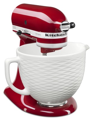 The new KitchenAid® Ceramic Bowl fits 4.5-quart and 5-quart stand mixer models and features a unique embossed diamond pattern with a Matte White finish.