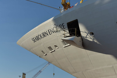 Seabourn celebrated the float out of its new Seabourn Encore at Fincantieri's Marghera shipyard in Italy. A bottle breaks on the ship's bow to mark the significant occasion.