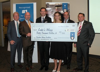 Combined Insurance donates $30,000 to Luke's Wings, a national organization that provides free travel and travel planning services for the families of wounded warriors and veterans. Fletcher Gill, Co-Founder of Luke's Wings and Lindsay Gill, Executive Director, Business Development and Corporate Sponsorship (center) accept the donation from Combined Insurance representatives (pictured left to right) Doug Abercrombie, Chief Agency Officer; Brad Bennett, President; Arthur Kandarian, SVP, Business...