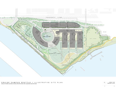 Expedia, Inc. Site Phase Plan - Image courtesy of Bohlin Cywinski Jackson - Expedia, Inc.'s Phase I plans include new construction, the adaptive reuse of the existing buildings, and the development of outdoor green spaces. Areas for potential future development (Phase II or III) could occur on the northwest and southeast portions of the site and are noted in black outline.