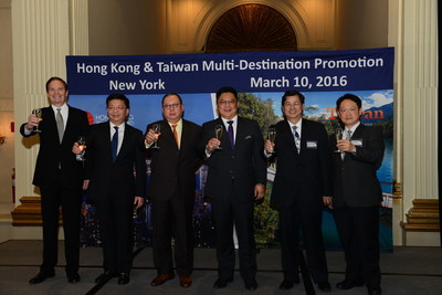 (L-R) Director of HKTB U.S. Mr. Bill Flora, Executive Director of HKTB Mr. Anthony Lau, Chairman of HKTB Dr. Peter Lam, Deputy Director-General of TTB Dr. Wayne Liu, Director of TTB New York Mr. Thomas Chang, and Director of TTB Los Angeles Mr. Brad Shih share a toast to solidify the multi-destination partnership between the Hog Kong Tourism Board (HKTB) and Taiwan Tourism Bureau (TTB) on Thursday, March 10, 2016, in New York. (Photo/Yifu Chien).