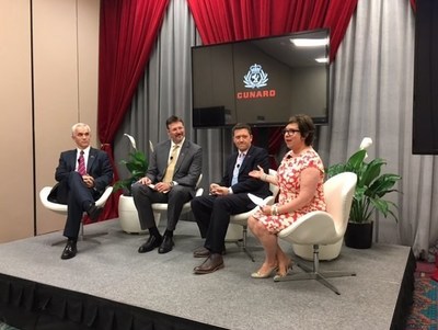 From L-R: David Noyes, Cunard CEO, Richard Meadows, President, Cunard North America, Angus Struthers, Vice President of Marketing, and Jackie Chase, Director of Public Relations. Photo Credit: Carolyn Spencer Brown/Cruise Critic