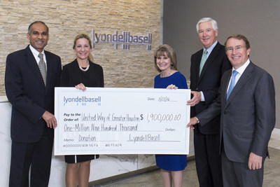 Bob Patel, LyondellBasell CEO, and Jackie Wolf, LyondellBasell senior vice president and chief human resources officer, present a check for $1.9 million to Ana Babin, United Way of Greater Houston president and CEO, David McClanahan, United Way campaign chair, and Marc Watts, United Way board chair, on Tuesday, March 22, 2016 in Houston. LyondellBasell has more than 4,000 employees in the greater Houston area and is one of the top corporate contributors to the United Way.