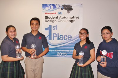 Students from Colegio Americano de Mexicali take first place in global competition focused on math and science curriculum in annual Honeywell toy car competition. From left, Valeria Hernandez, 13, Alejando Mungaray, 12,  Daniela Urrea, 12, and Adrian Perez, 12.