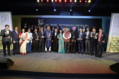 Winners of the Asia Pacific Entrepreneurship Awards 2016 with General VK Singh, Minister of State for External Affairs of India, and Tan Sri Dr Fong Chan Onn, Chairman of Enterprise Asia. The Asia Pacific Entrepreneurship Awards is the region's most prestigious awards for entrepreneurship and is held in 14 countries across Asia.
