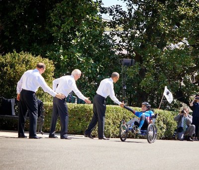 President Obama and Vice President Biden greet a wounded veteran during the 2015 Wounded Warrior Project Soldier Ride.