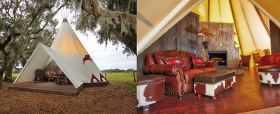 The new Luxe Teepees at Westgate River Ranch Resort & Rodeo in River Ranch, Fla. offer the next evolution in glamping (glamorous camping). Each Luxe Teepee features a double-sided stone rock hearth fireplace, screened private patio deck, microwave, mini refrigerator, leather chairs, a king bed, full sleeper sofa, air conditioning and heating, and a private ensuite bathroom with vanity and porcelain cast iron claw bathtub and shower.  www.westgateriverranch.com