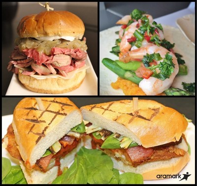 Aramark's culinary team created a special post-season sandwich for their fans' enjoyment, incorporating ingredients reflective of the spring season, including CONSOL Energy Center's Hickory-Smoked Ribeye Grinder (top left), Quicken Loans Arena's Spring Shrimp Taco, from celebrity chef partner, Rocco Whalen (top right) and SAP Center's The Big O (bottom).