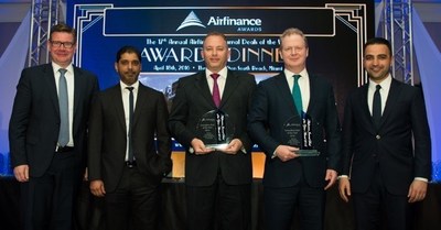 Etihad Airways' finance team is pictured after a US$700 million landmark transaction for Etihad Airways Partners was named Innovative Deal of the Year by Airfinance Journal in Miami last night. From left: Ulf Huttmeyer, Senior Vice President Finance; Bassam Al Mossa, Vice President Corporate Investments and Subsidiaries; Ricky Thirion, Group Treasurer; James Rigney, Chief Financial Officer; and Nader Al Salim, Executive Director of lead advisor Goldman Sachs.