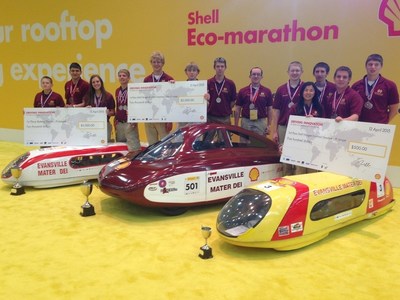 Mater Dei High School poses with their current award-winning vehicles. Since 2007, Shell Eco-marathon Americas has evolved to include seven energy classes, including diesel, gasoline, ethanol, gas-to-liquid (GTL), compressed natural gas (CNG) hydrogen and battery electric, with some vehicles capable of traveling over 3,500 mpg.