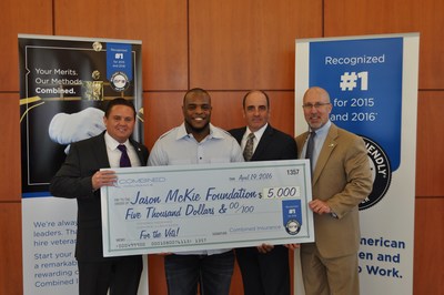 Combined Insurance announced a $5,000 donation to the Jason McKie Foundation to help in the Foundation's efforts to support military families. Pictured left to right: Joseph Pennington, National Military Programs Manager at Combined Insurance; Jason McKie; Arthur Kandarian, SVP, Business Development, Combined Insurance; and Brad Bennett, President, Combined Insurance.
