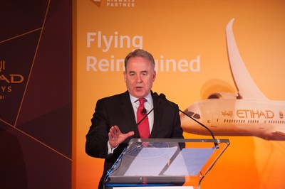 President and Chief Executive Officer of Etihad Airways, James Hogan, delivers the keynote address at the monthly Wings Club Luncheon at The Yale Club on April 21, 2016 in New York, NY.