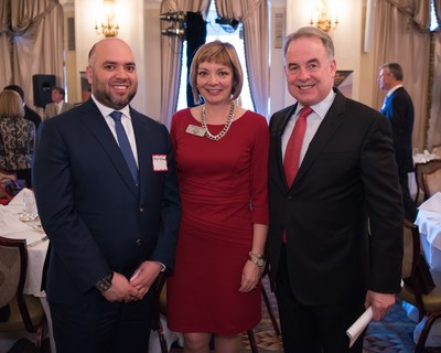 His Excellency Majid Al Suwaidi Consul General United Arab Emirates in New York (left), Mary Ellen Jones, The Wings Club President and Vice President, Sales - Asia Pacific and China, Pratt & Whitney (middle), James Hogan, President and Chief Executive Officer of Etihad Airways (right) at The Wings Club Luncheon at The Yale Club on April 21, 2016 in New York, NY.