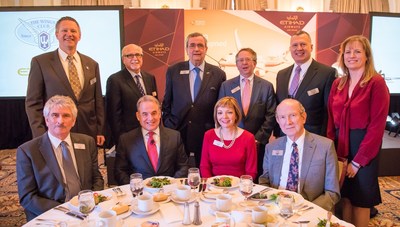 James Hogan, President and Chief Executive Officer of Etihad Airways (seated second from left) and Mary Ellen Jones, The Wings Club President and Vice President, Sales - Asia Pacific and China, Pratt & Whitney (seated third from left) along with Board of Governors Members at The Wings Club Luncheon at The Yale Club on April 21, 2016 in New York, NY.