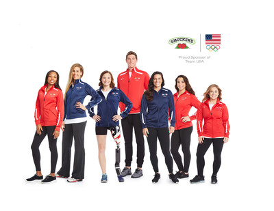 Smucker is partnering with seven Team USA athletes. From left: Allyson Felix, April Ross, Melissa Stockwell, Conor Dwyer, Ali Krieger, Aly Raisman, and Shawn Johnson.