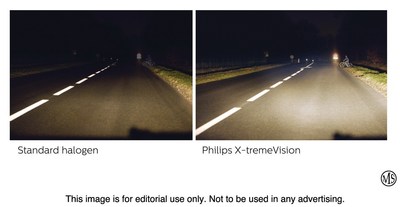 Drivers can easily upgrade their lighting with Philips X-tremeVison Headlight Bulbs (right), which put up to 100 percent more light on the road than standard halogen bulbs (left).