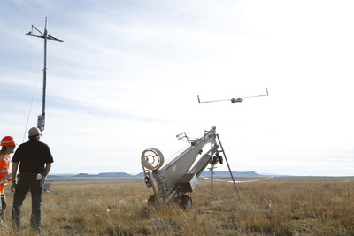 Insitu and BNSF officials launch ScanEagle during a commercial operation in New Mexico in October 2015