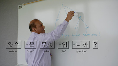 IBM Research Manager Abe Ittycheriah demonstrates how IBM Watson parses a sentence in English and "tokenizes" it to learn Korean, at IBM's T. J. Watson Research Center in Yorktown Heights, NY. Teaching Watson to communicate as a native speaker in multiple languages is a key element of IBM's work to bring cognitive computing to a global audience. (Credit: IBM)