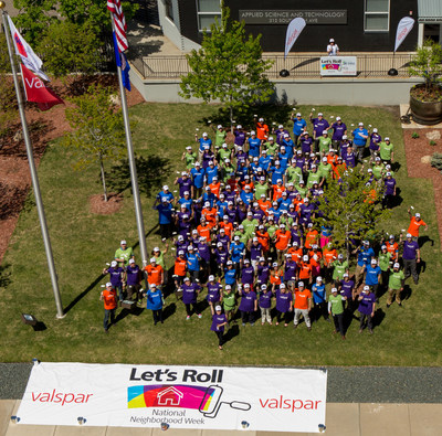 Employees from Valspar and Twin Cities Habitat for Humanity gather at Valspar's headquarters in downtown Minneapolis to celebrate the start of Valspar's National Neighborhood Week, May 9 - 14, 2016. Nationwide, more than 500 employees from Valspar's 30 U.S. locations are volunteering with Habitat organizations during National Neighborhood Week. In addition to volunteers, Valspar is providing $2.5 million in cash and product donations to support 51 Habitat organizations.