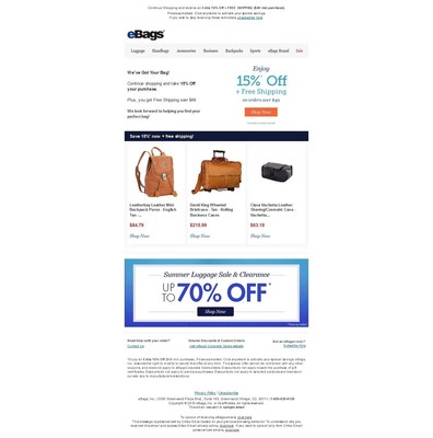 Example of an eBags retargeted email to a consumer powered by Criteo Dynamic Email.
