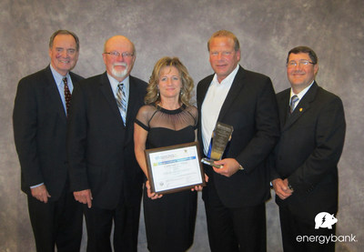 energybank wins First Place, Wisconsin Governor's New Product Award. (left to right) Mark R. Hogan, Secretary & CEO, Wisconsin Economic Development Corporation; Dale R. Swenson, P.E., Wisconsin Society of Professional Engineers (WSPE); Becky Verfuerth, Manager of Operations, energybank; Neal R. Verfuerth, Founder & CEO, energybank; John M. Parisi, P.E., President, WSPE. www.energybankinc.com
