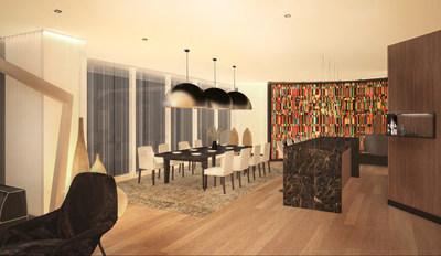 The Chairman Suite features a full-size dining room and bar with a wood wall accent and an abstract piece from a local artist.