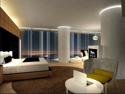 The Executive Corner Suites' bedroom features a plush sofa and views of the surrounding skyline.