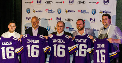 The Minnesota Sports Facilities Authority (MSFA), Minnesota Vikings, SMG and Aramark, the exclusive hospitality partner and dining services provider for U.S. Bank Stadium, today unveiled an extraordinary partnership with Minnesota's top culinarians and restaurateurs to bring their talent and expertise to U.S. Bank Stadium. From left to right: Gavin Kaysen, Andrew Zimmern, Gene Winstead, Nick Rancone and Thomas Boemer.