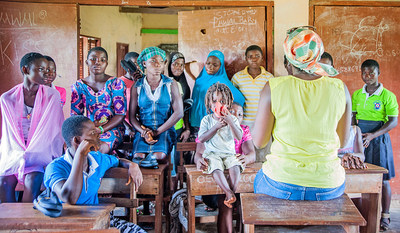 Girls learn about menstrual hygiene management and other health issues from a trusted teacher at their school in Ghana. Photo courtesy EPF Educational Empowerment Initiative, a Ghanaian nonprofit organization dedicated to supporting vulnerable children in Ghana.