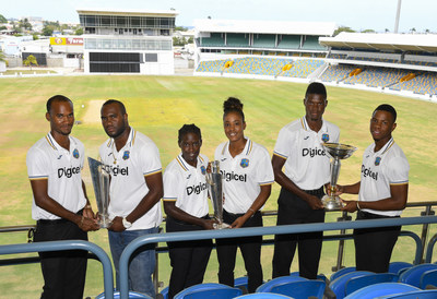 Members of the West Indies Cricket teams pose with their champion trophies: Kraigg Brathwaite and Ashley Nurse from the Men's team, Kycia Knight and Hayley Matthews from the Women's team and Alzarri Joseph and Shimron Hetmyer from the Under-19 team.
