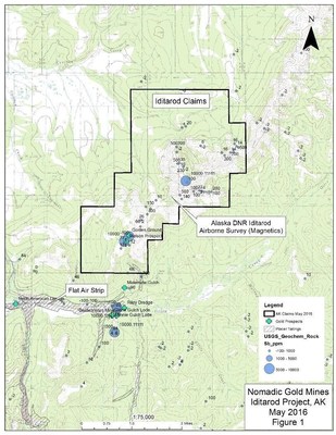 The figure shows the Iditarod Claim block with topography; the USGS rock samples with antimony values; the DGGS Air mag anomaly; gold prospects; placer tailings and the Flat, Alaska airstrip.
