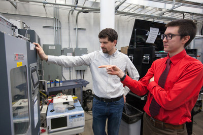 Johnson Controls Fellows Kevin Frankforter (left) and Jacob Dubie are pictured in the Johnson Controls Energy Storage Research Lab at the Wisconsin Energy Institute on the UW-Madison campus.