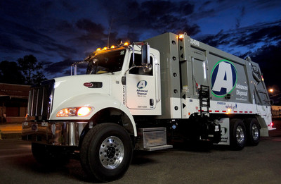 One of Advanced Disposal's brand new compressed natural gas, rear-load truck for residential solid waste collection.