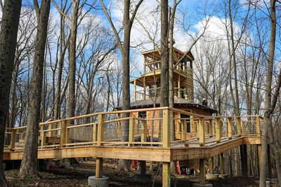 Treetop Outpost, a 6,000-square-foot nature destination featuring a four-story treehouse, opens July 1 at Conner Prairie in Indiana.