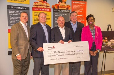 The Krystal® Company, known as the oldest quick service restaurant chain in the South, upgraded lighting fixtures at 55 restaurants to energy-efficient LEDs in an effort to improve customer experience and be more sustainable.  Georgia Power presented Krystal with a $64,000+ rebate check in October 2015.