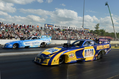 Ron Capps squared off with teammate and fellow Mopar Dodge Charger R/T Funny Car pilot Tommy Johnson Jr. in another all-Mopar final round, with Capps hoisting the trophy in the rain-delayed Monday finish to the Fourth Annual NHRA New England Nationals.