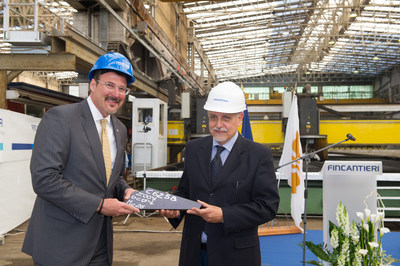 Richard Meadows, President of Seabourn, and Raffaele Davassi, Director of the Fincantieri Shipyard, Celebrate the Steel Cutting of Seabourn Ovation in Sestri Ponente