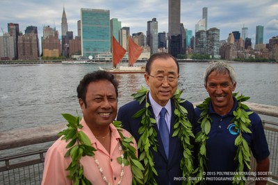 Palau President Tommy E. Remengesau Jr., UN Secretary General Ban Ki-moon, and Hokulea's pwo (master) navigator Nainoa Thompson in front of the United Nations celebrating World Oceans Day