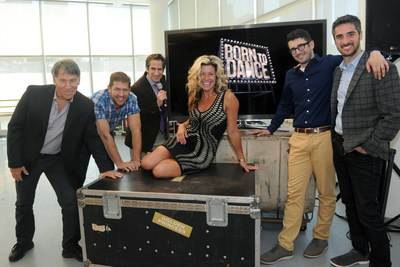 The "Born to Dance" creative team, Stephen Schwartz, Daniel C. Levine (far left) with Al Blackstone and Bryan Perri (far right) were joined by professional dancer Rachelle Rak and Sirius XM "On Broadway" radio host Seth Rudetsky (center) at the preview for the newest musical production by Princess Cruises, Thursday, June 9, 2016, in New York.