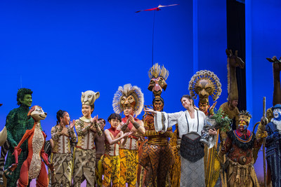 The cast of Disney's THE LION KING honors Broadway director Julie Taymor during the Global Premiere of the first-ever production in Mandarin at the Grand Opening of Shanghai Disney Resort. Taymor, the director, costume designer and co-mask designer of the original Broadway production, was on hand to celebrate the opening of this historic show, staged exclusively at the Walt Disney Grand Theatre in Disneytown at the Resort. In its 19th year, THE LION KING remains ascendant as one of the most popular stage musicals in the world. Since its Broadway premiere on November 13, 1997, 22 global productions have been seen by more than 85 million people and, cumulatively, run a staggering 132 years.