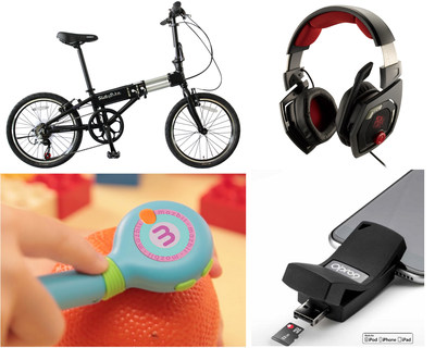 Sampling of Taiwan Excellence products. UPPER LEFT: Slidybike, an innovative improvement to standard traditional and folding bikes. UPPER RIGHT: The Shock 3D 7.1 headset, one of the best on the market, offers true in-game immersion via enhanced 3D-virtualized surround sound. LOWER LEFT: Mozbii, the world's first color-capturing stylus designed specifically for children. LOWER RIGHT: iSafeFile G2 provides government-grade hardware encryption technology and additional password protection to guard your files from unwanted access.