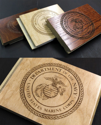 The seal of the U.S. Navy laser engraved on a variety of hardwoods. Photo courtesy of AP Lazer.