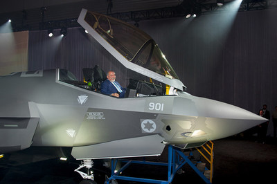 Israel's Minister of Defense Avigdor Liberman views the cockpit of the first Israeli Air Force (IAF) F-35A Lightning II, known as the 
